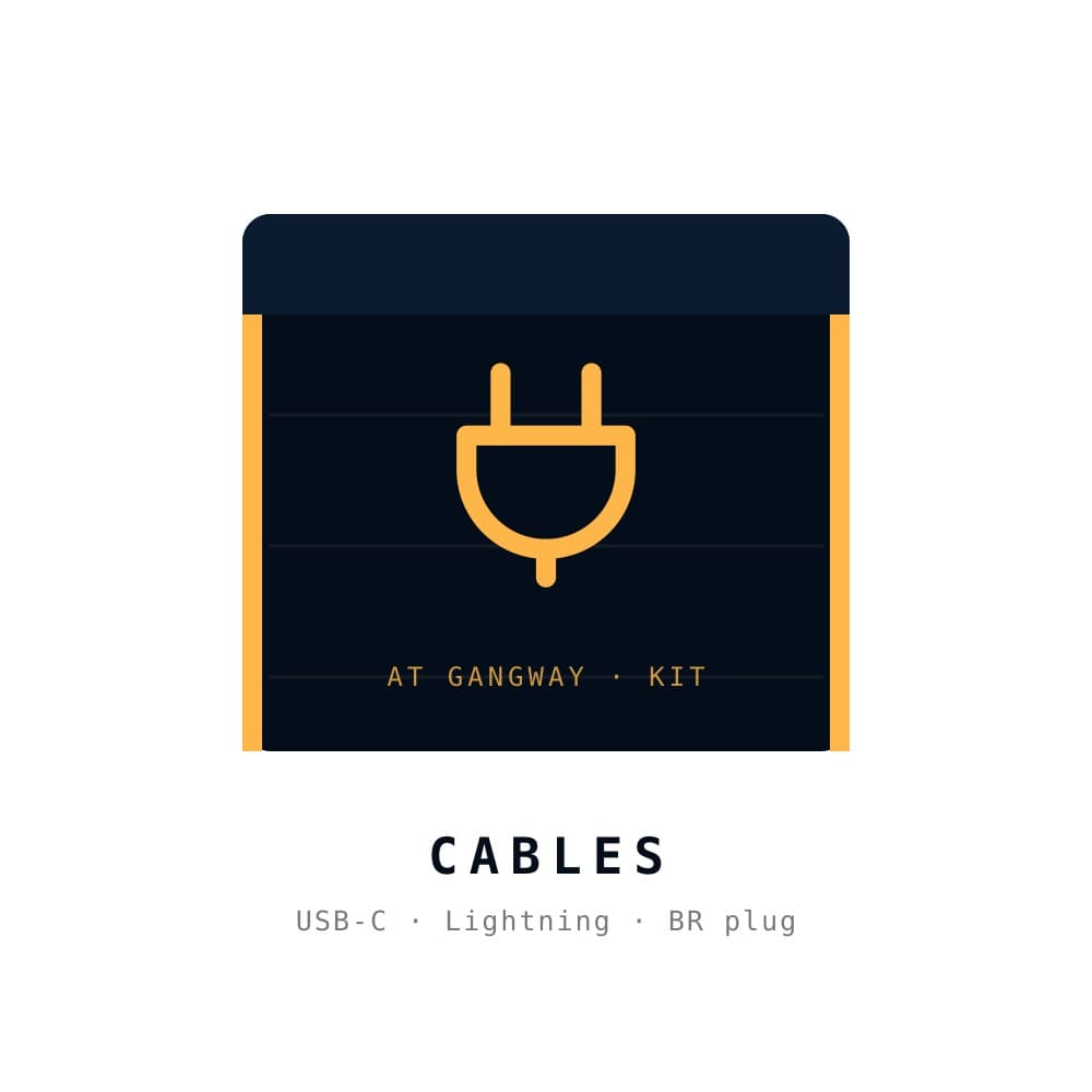 At Gangway cable kit crate — USB-C, Lightning and Brazilian plug